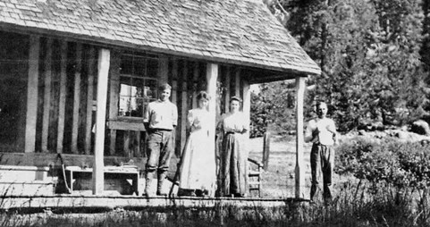 Sifford Family poses in front of their lodge at Drakesbad (historic B/W Photo)
