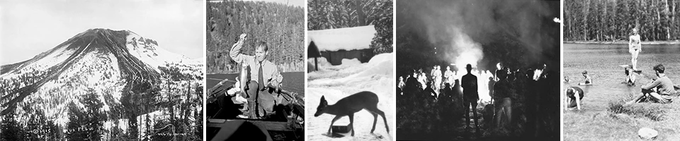 Photograph Archives Header Banner of five historic images: Lassen Peak eruption, a Park Ranger holding a fish in a boat, a deer in the snow in front of buildings, a ranger and group backlit by a campfire, and a group of people swimming in a lake