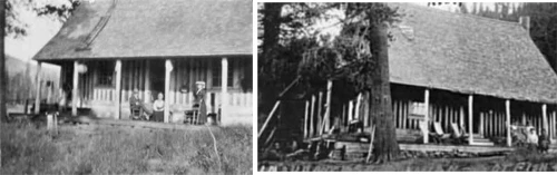 Annie Bidwell on porch of lodge and the lodge in 1907