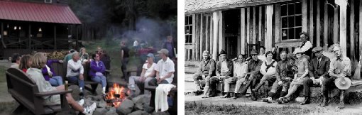 Drakesbad guests gather by the campfire in 2002, and on the porch in 1924