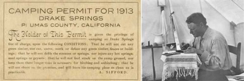 example of Drakes Springs 1913 camping permit and b/w photo of Glen French in tent