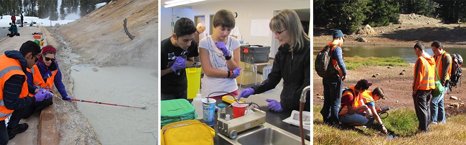 Three photos showing high school students doing classroom and field labwork