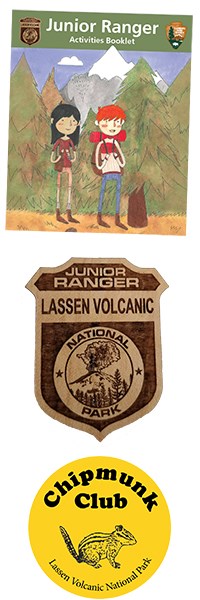 Three stacked images: a colorful activities booklet cover, a wooden Jr. Ranger badge, and a yellow Chipmunk Club sticker.