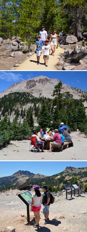 Three stacked photos top to bottom: a family walking on a trail, a family picnicking below a large volcano, and a couple reading a sign at mountain overlook.