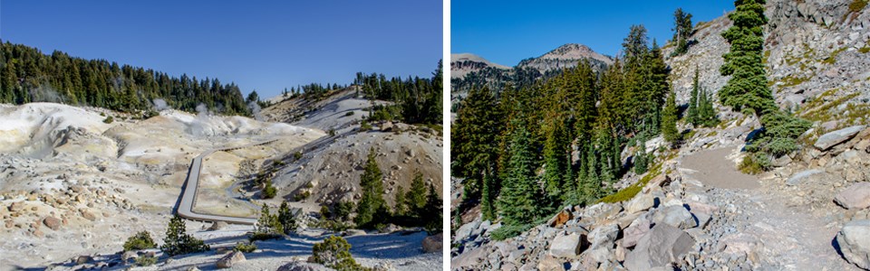 Two images: at left a boardwalk in a steaming basin and at right a rocky trail
