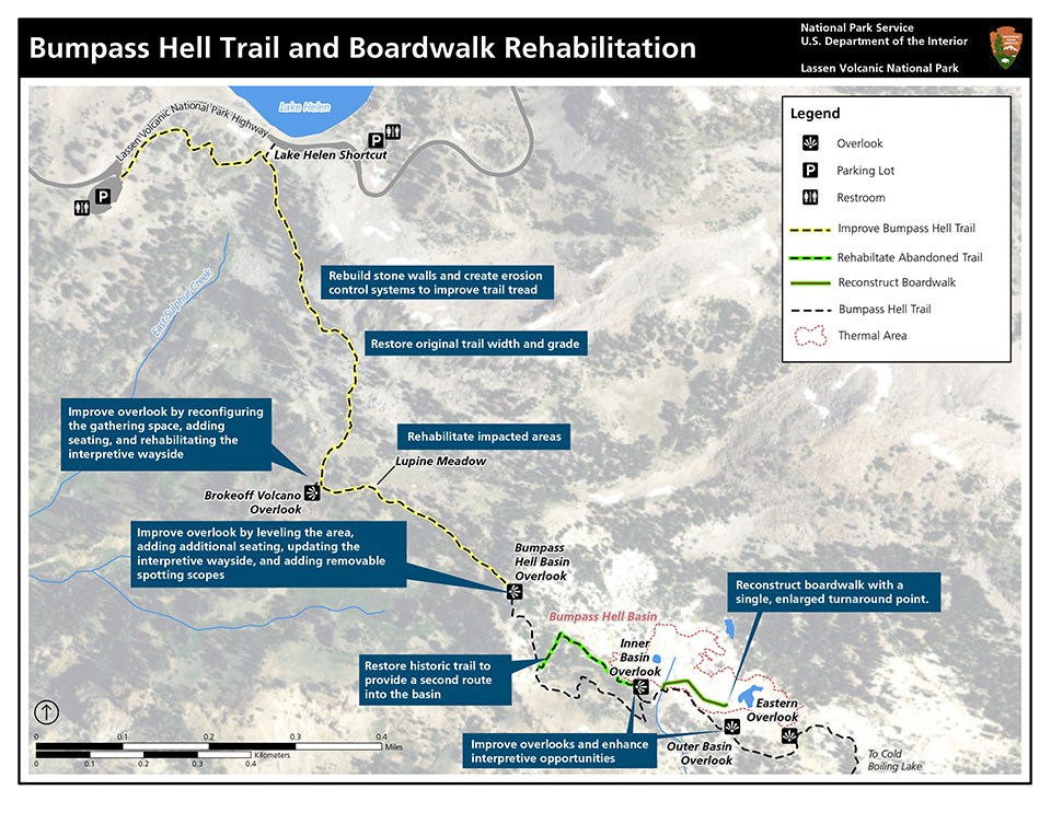 Map of Bumpass Hell trail and boardwalk identifying areas and actions for rehabilitation project