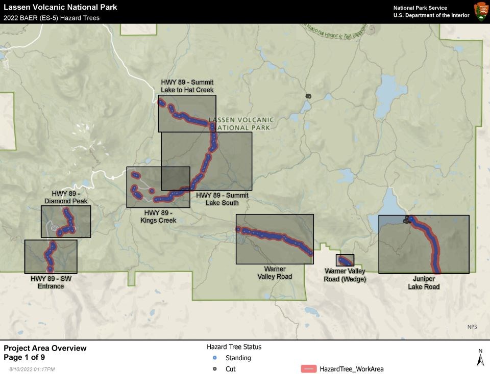 A map of the park with blue dots outlined by red to show hazard tree removal work areas along the park highway and in the Warner Valley and Juniper Lake areas.