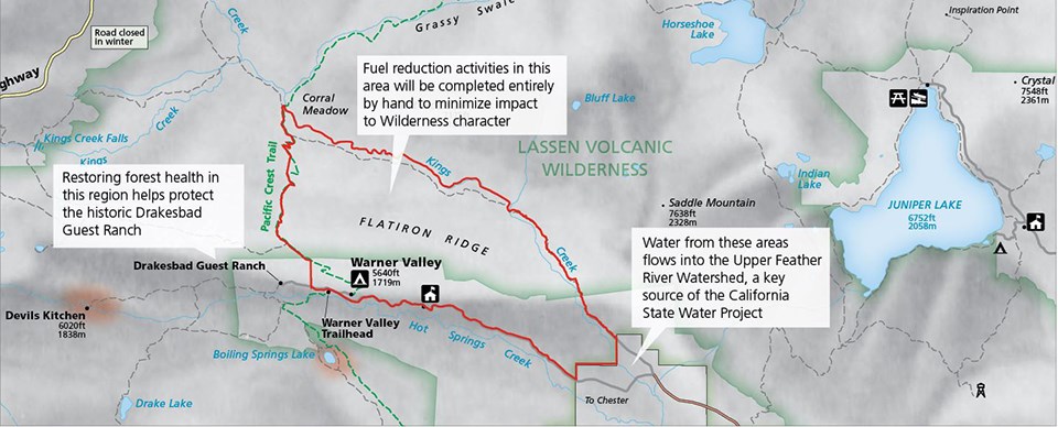 Map of park showing red outline of treatment area bordered by Warner Valley to the south, Pacific Crest Trail to the west, and Kings Creek to the north and east.