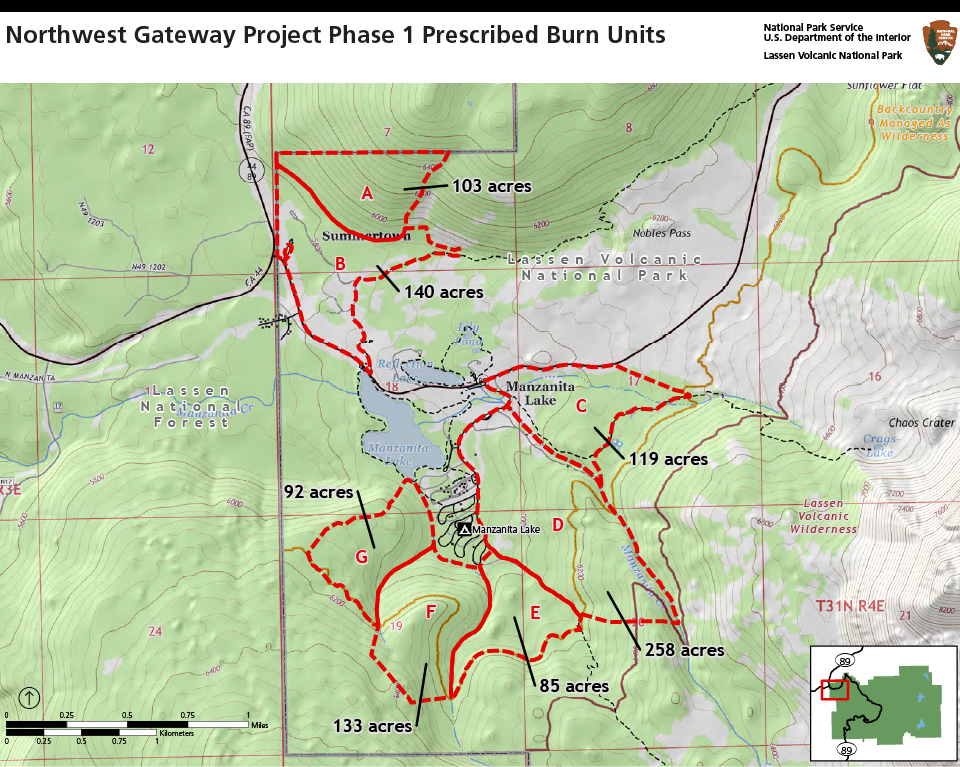 A map of areas outlined in red indicating prescribed burn treatment units.
