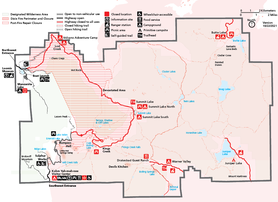 A map of the park with 80% of the eastern side shaded red to indicate Dixie Fire perimeter closure area or red with horizontal lines to indicate Post-Fire Repair closure. Solid black line shows open highway between the Southwest Entrance and Lassen Peak