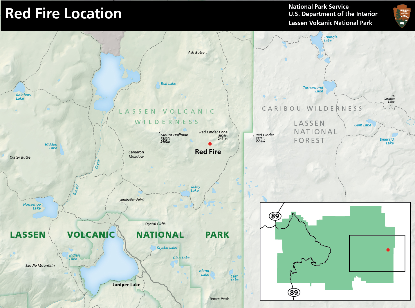 Map with red dot indicating fire location near eastern border of park