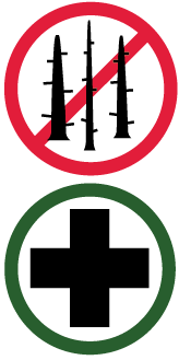 An icon with three burned trees in a red circle with a slash representing stay out of burned areas. Below, a black first aid cross in a green circle indicating safety.