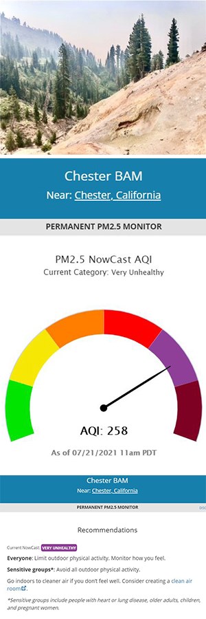 Three stacked images of haze above a mountain valley, a colored chart indicating air quality, and recommendations for outdoor activity related to the air quality rating.