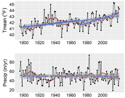Two stacked graphs. Top graph shows average temperature gradually rising from 1895-2021 and a steeper rise between 1970 and 2021. Bottom graph shows relatively flat annual precipitation between 1985 and 2021 with a slight decline between 1970 and 2021.