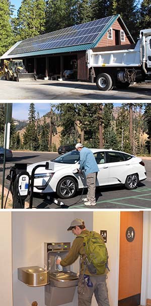 Three stacked images: a solar array on an equipment storage building, a man plugging in an electric vehicle, and a man filling up a water bottle at a bottle filling station.