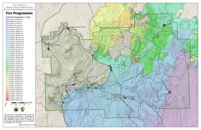 A map of the park showing the progression of a wildfire from the southeast corner to the northeast corner.