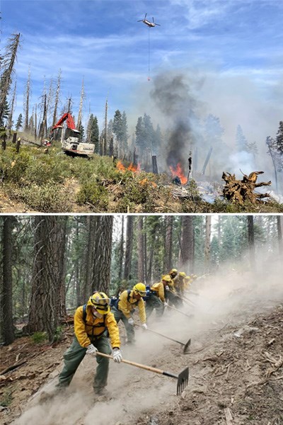 Two stacked photos: equipment and helicopter above wildfire in a previously burned area and a line of firefighters in yellow hats and shirts and green pants digging a handline.