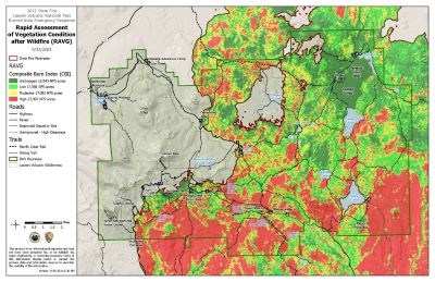 A map of the park showing vegetation burn severity in colors red, orange, and green with the southeast corner being predominately red and the northeast corner more green.