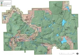 A map of the park showing 74% green as designated Wilderness. Only road corridors are pink or yellow for non-Wilderness.