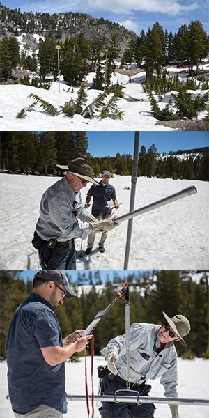 Three photos showing snow course measurement