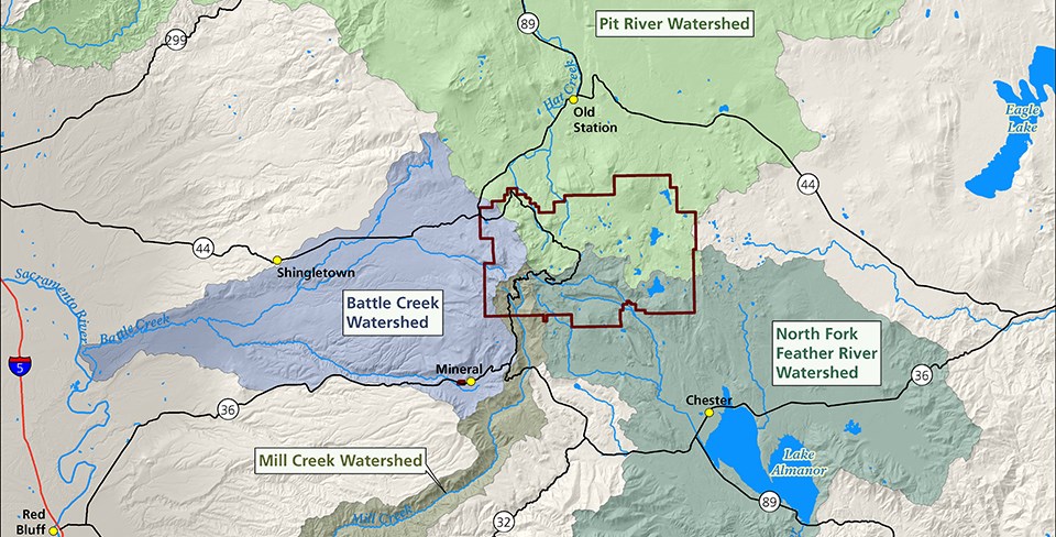 Map with colored areas depicting four watersheds in the park