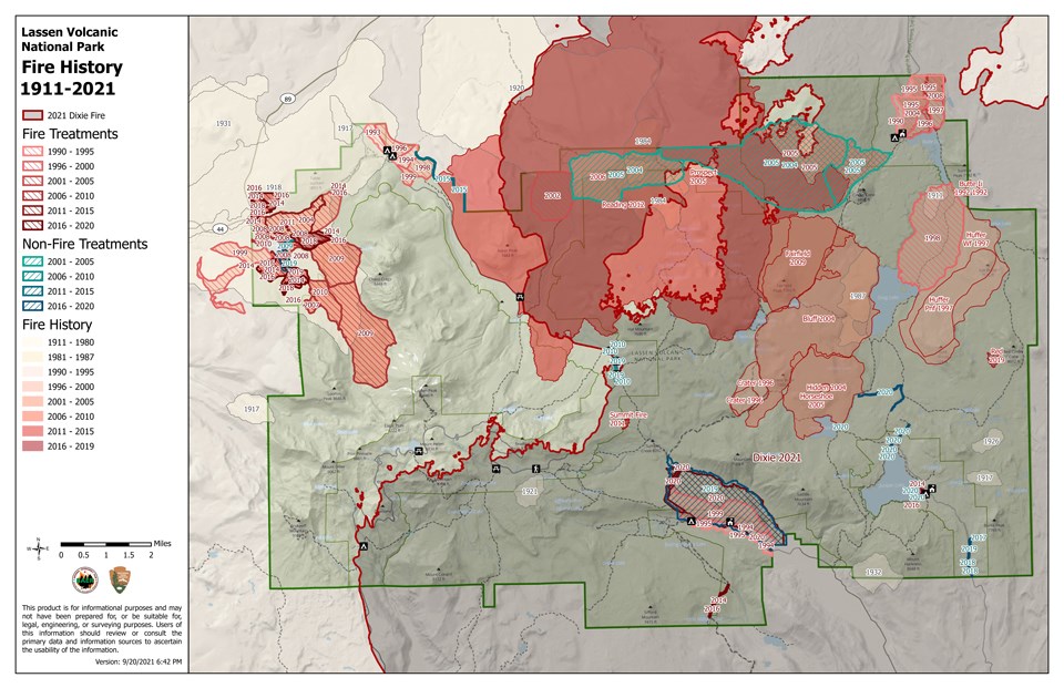A map of the park mostly covered by shaded areas of wildland fire with the exception of a stretch north and southwest of Lassen Peak.