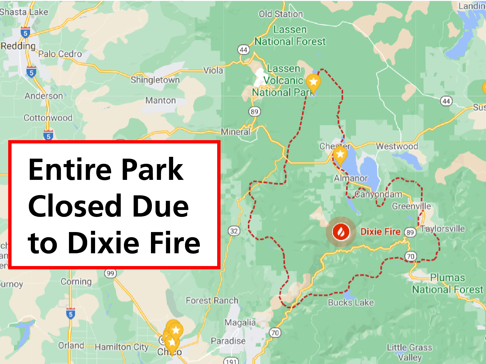 Park Closure due to Dixie Fire Map of perimeter of the Dixie Fire