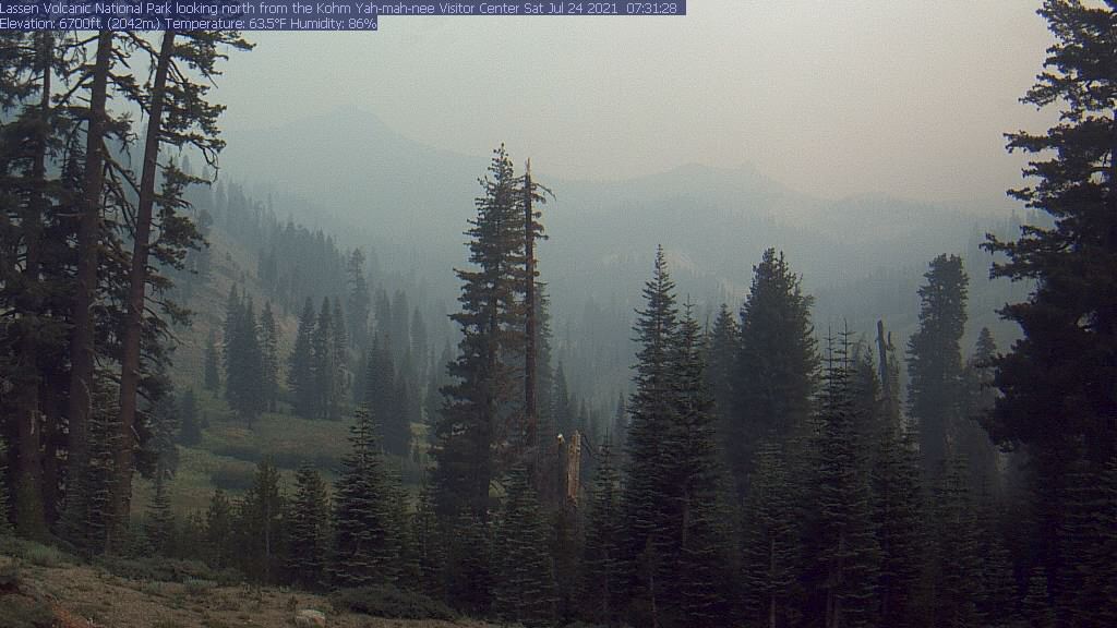 A smoke-filled sky viewed from the Kohm Yah-mah-nee Visitor Center