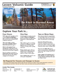 The cover of a document titled "Lassen Volcanic Guide" with a park entrance sign lined by trees burned by wildfire.