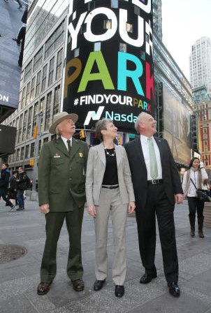 Courtesy of the National Park Foundation. From left to right; National Park Service Director, Jon Jarvis, Interior Secretary, Jewell, National park Foundation President, Dan Wenk.