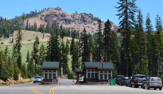 Vehicles wait at the southwest entrance station