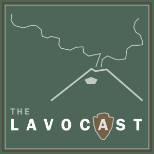 A logo of a green square with the outline of steaming volcano with the words, "The Lavocast."