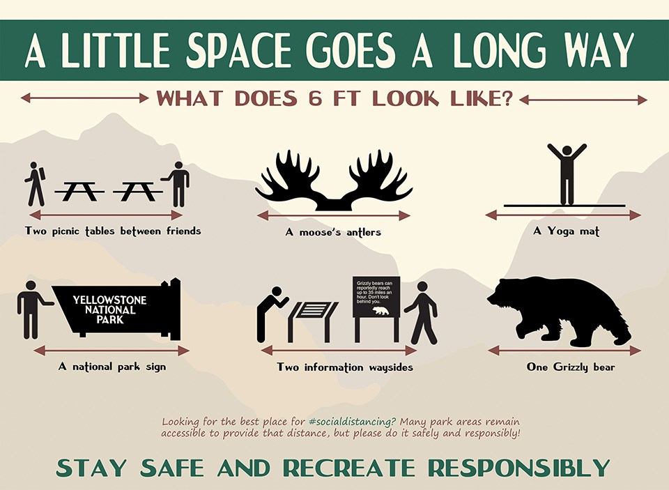 Graphic titled "A Little Space Goes a Long Way" depicting various examples of 6 feet of distance including (from top left to bottom right): 2 picnic tables, a moose's antlers, a yoga mat, a national park sign, 2 information waysides, 1 grizzly bear
