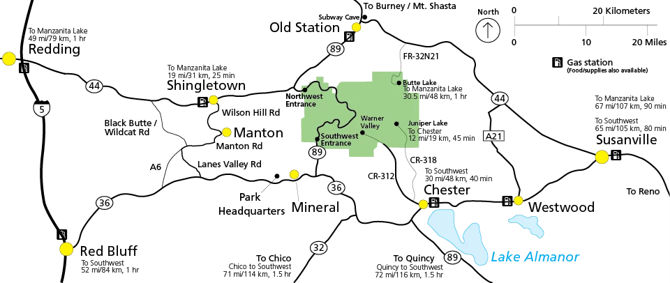 Map of roads around the park including road names, towns, gas stations, and distances and times to park entrances.