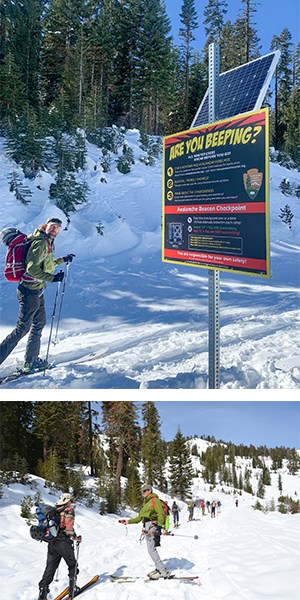 Two stacked photos. Top: a man skis past a sign that reads "Are You Beeping." Bottom: one man holds a beacon out toward another man skiing past him in a snowy mountain landscape.
