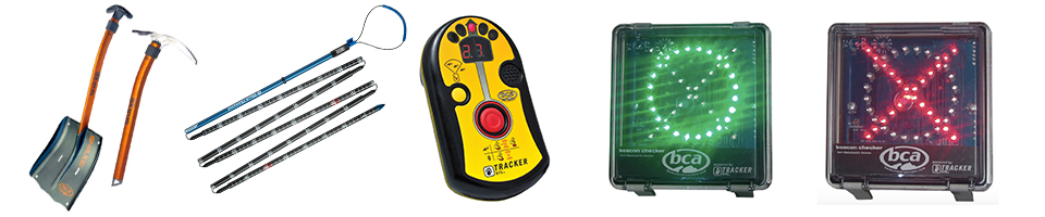 Five images in a row: a snow shovel, collapsible pole, beacon, and beacon checker with a green circle and another with a red x.