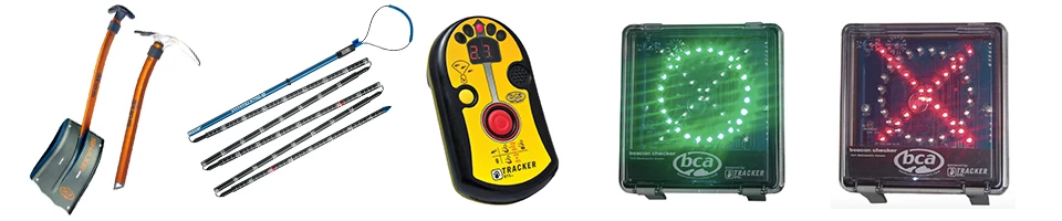 Five images in a row: a snow shovel, collapsible pole, beacon, and beacon checker with a green circle and another with a red x.