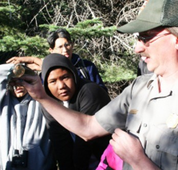 A park biologist holds a bird to prepare for banding