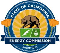 A logo for California Energy Commission featuring a bear on top of a green box with a lightning bolt and water drop and two orange poppy flowers on the side.