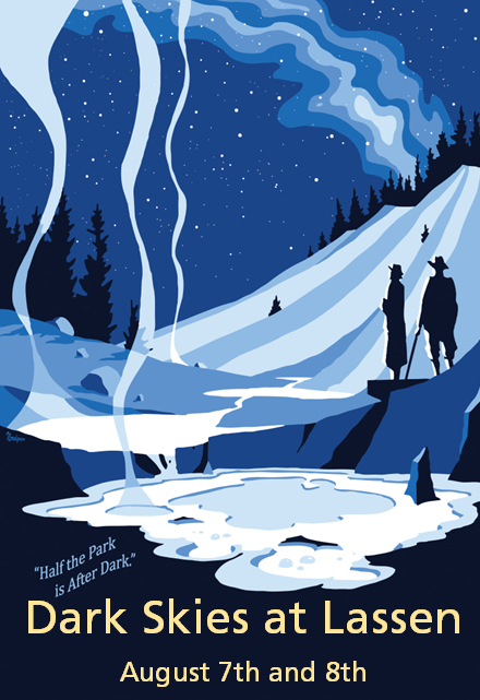 A graphic depicting the silhouettes of two people stargazing at Bumpass Hell