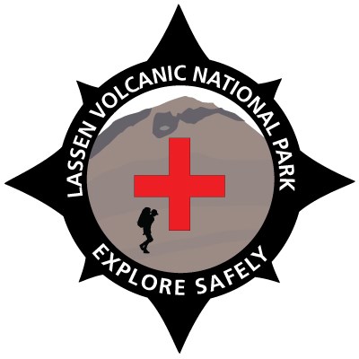 A graphic of a hiker on a trail on peak with a red cross to denote safety.