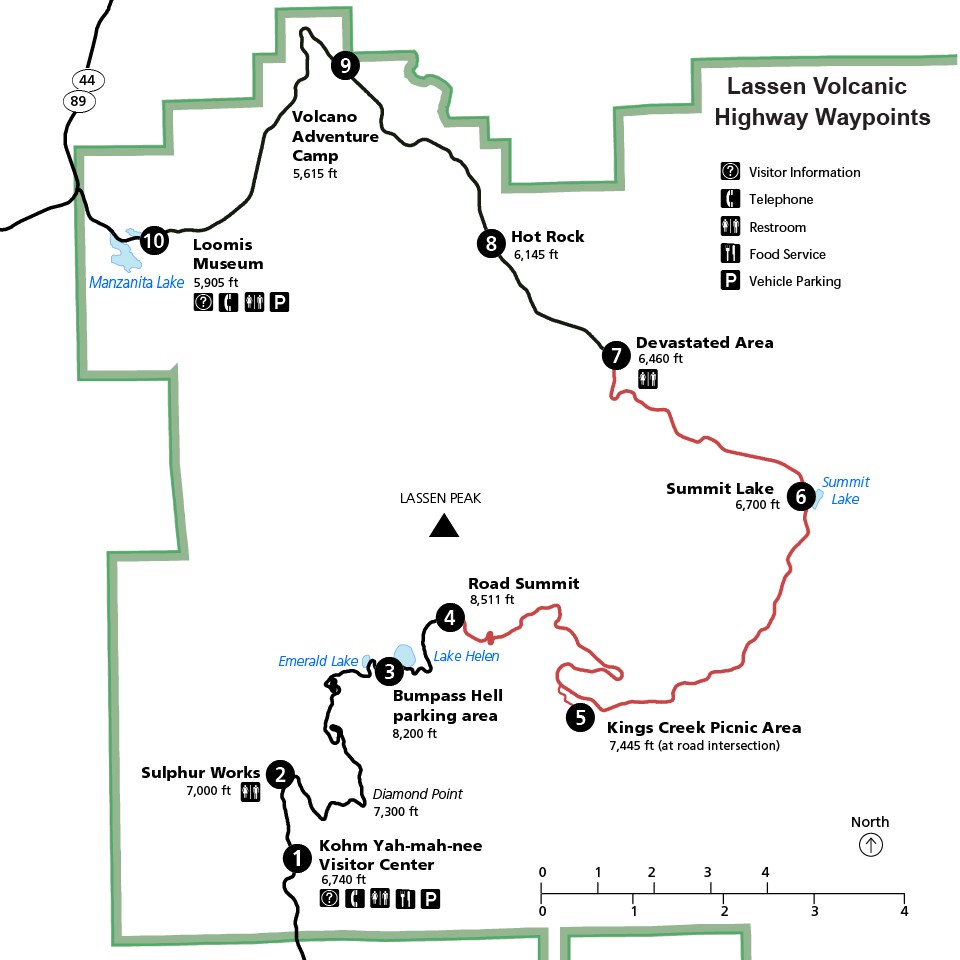 Map of park highway. Black line shows cleared section open to traffic, red line depicts cleared section not yet open to vehicles