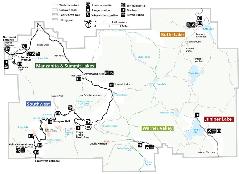 A map of the park indicating trailheads listed in table below