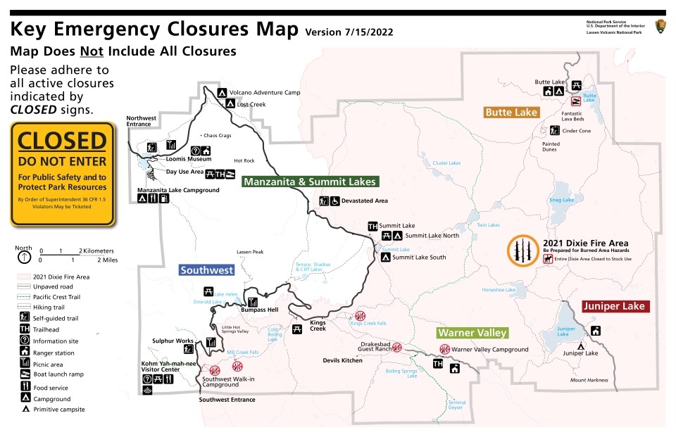 A map footprint of a wildfire highlighted in orange and encompassing 68% of the eastern portion of the park.