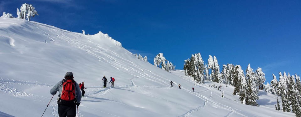 A panoramic photo of backcountry skiers crossing the top of a steep slope below a blue sky.