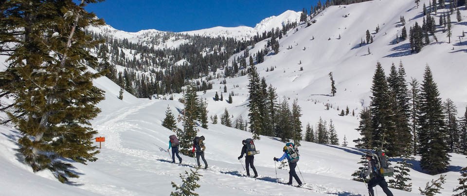 Five people carrying backpacks ski on a snow-covered route through a mountain valley.