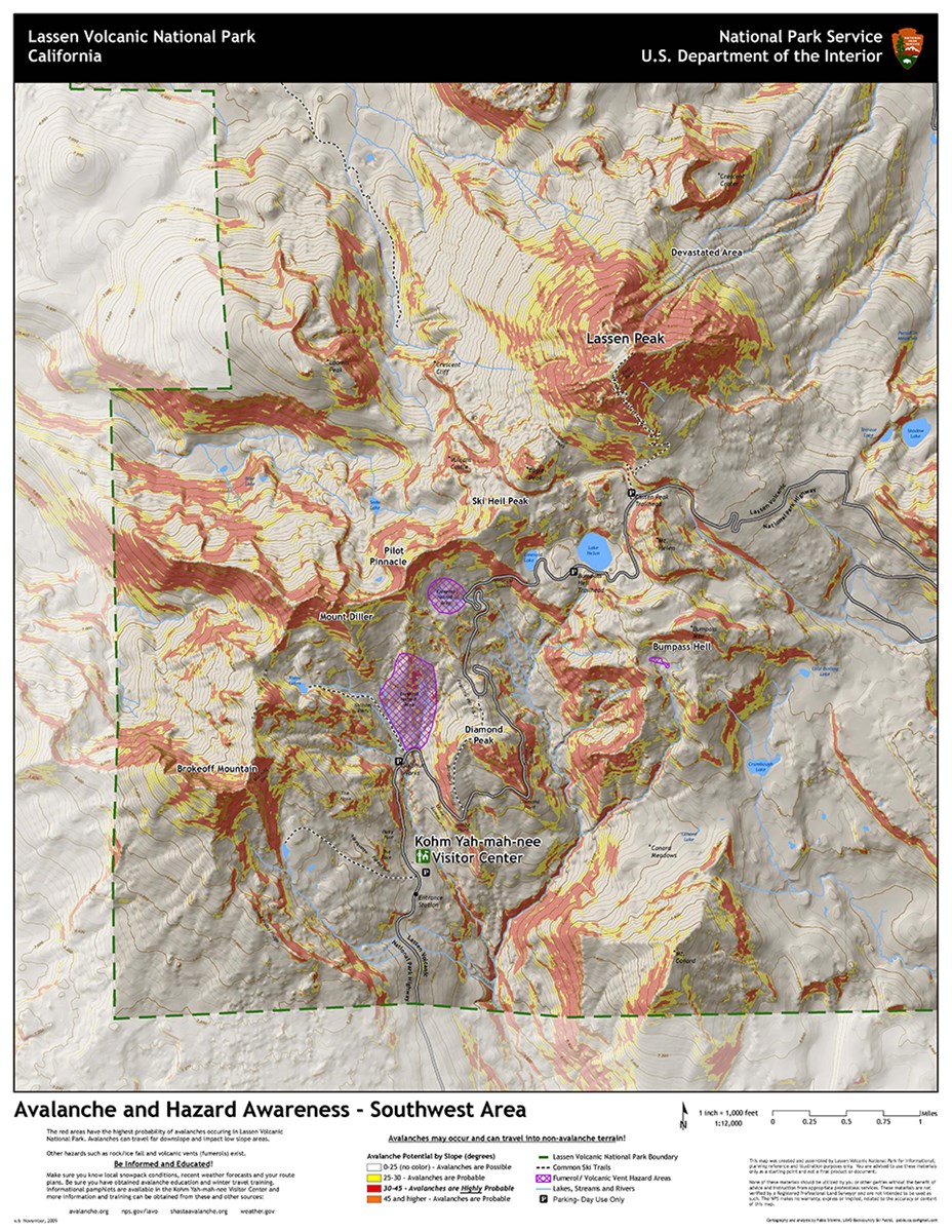 A topographic map of the southwest corner of Lassen Volcanic National Park with red and yellow colors highlighting steep terrain with potential for avalanche activity.
