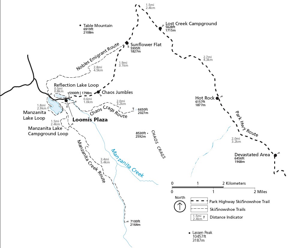 A map shows a section of the park highway in the northwest corner of the park. Lines denote the snow-covered highway route and other winter routes in the area as described in the text above.