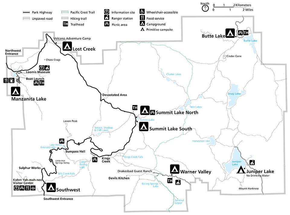 Map of the park with a large tent icons for showing 8 campgrounds plus roads, trails and other amentities.