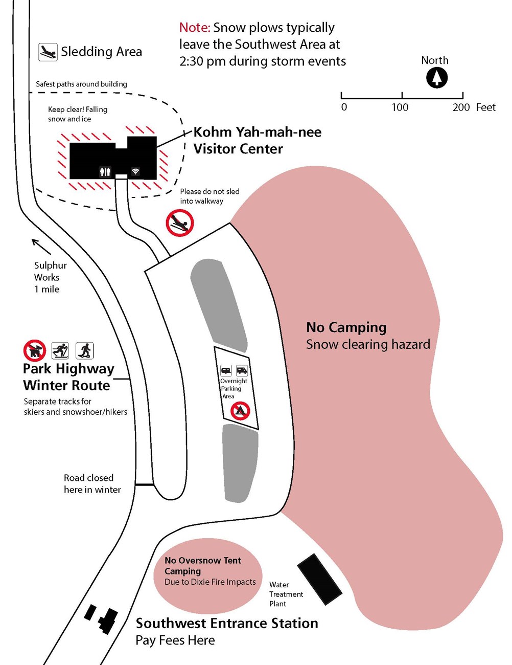 Map of Southwest Area including visitor center, parking area, campground, and highway